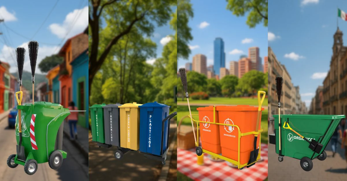 Diferentes carros barrenderos en calles de una ciudad en Latam, parques, zonas recreativas y centro de una ciudad.