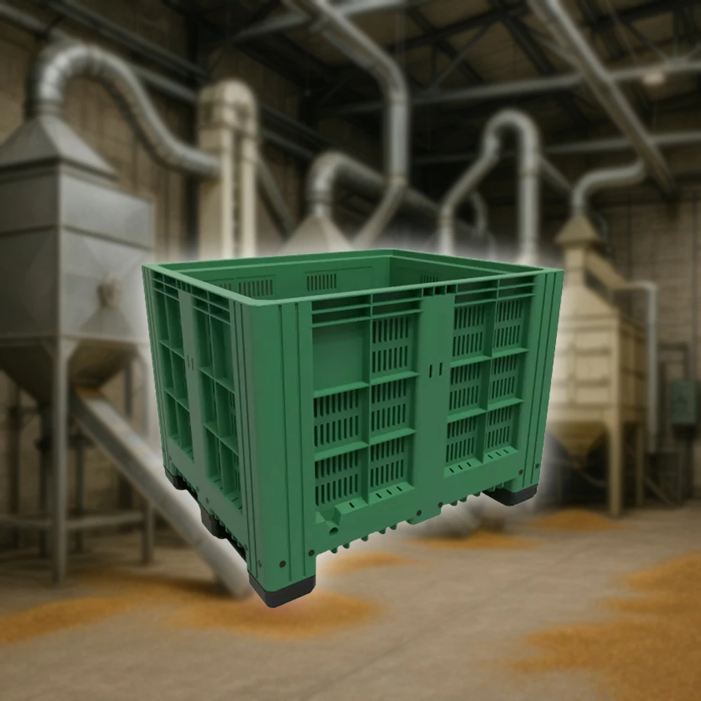 Contenedores de plástico para alimentos a granel en industrias agroalimentarias, ideales para granos, semillas y productos secos.