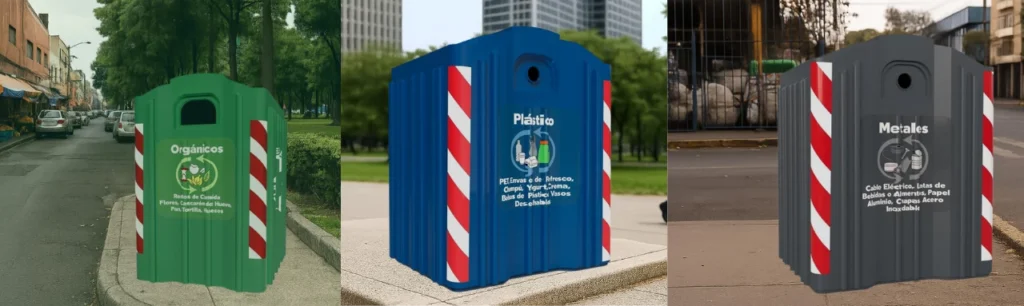 Islas de reciclaje en espacio urbano con contenedores para orgánicos, plásticos y metales, cada uno identificado por color y etiquetas de uso.