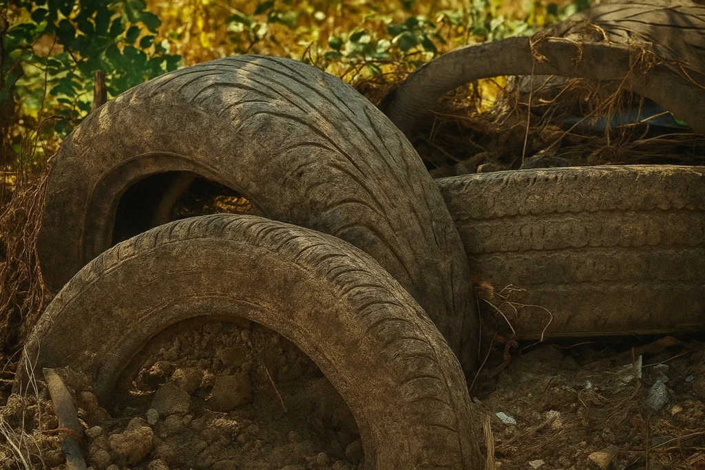 Llantas usadas abandonadas en un terreno, reflejando la importancia del reciclaje de llantas para evitar contaminación ambiental.