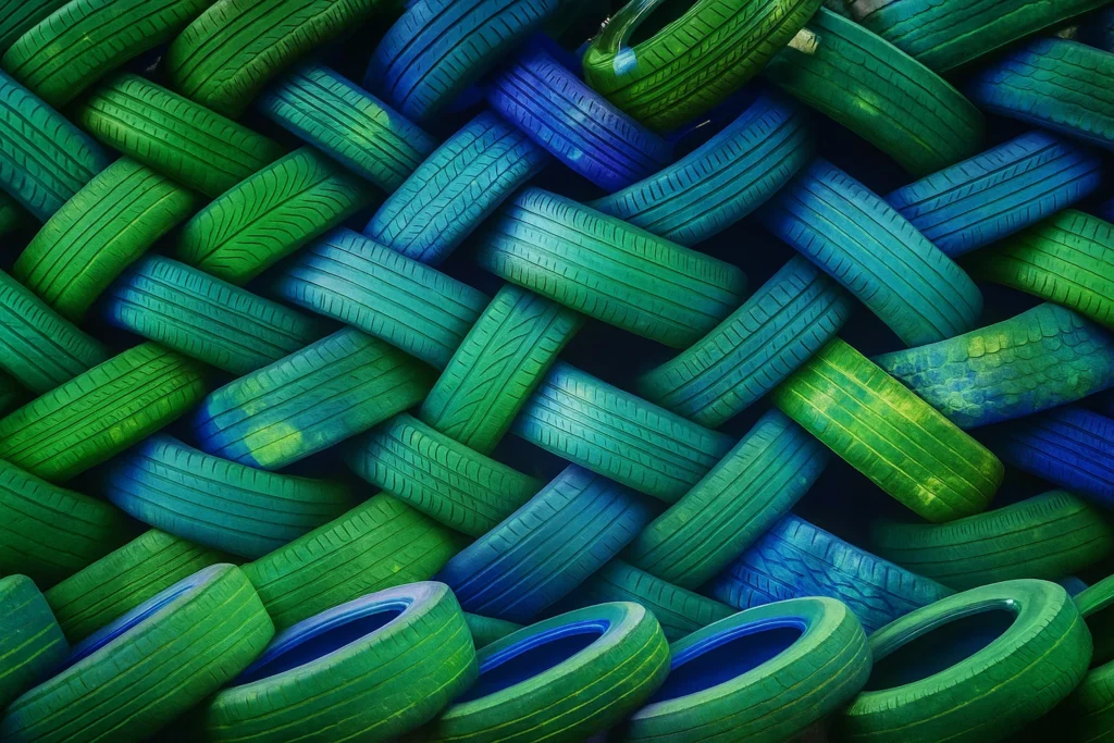 Pared decorativa hecha con neumáticos reciclados pintados de verde y azul, ejemplo creativo de reutilización de llantas.