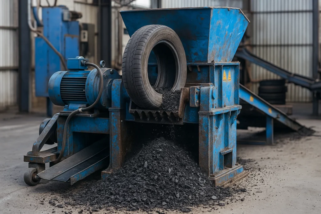 Máquina trituradora de llantas en proceso de convertir neumáticos en caucho granulado para reciclaje industrial.