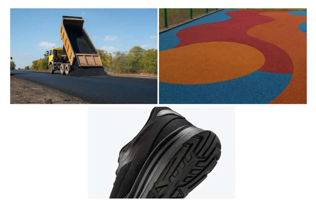 Usos del reciclaje de llantas: asfalto para carreteras, pisos de caucho en parques infantiles y suelas de zapatos sostenibles.