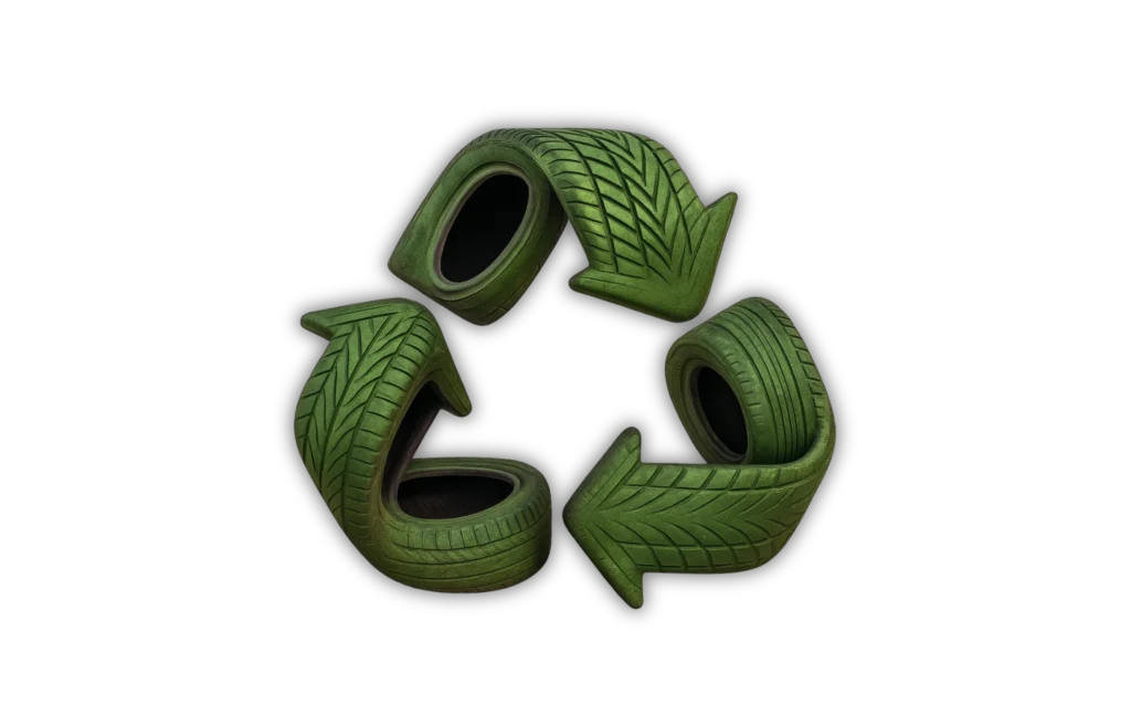 Símbolo de reciclaje formado con neumáticos verdes, representación visual del reciclaje de llantas y su contribución a un planeta más limpio.