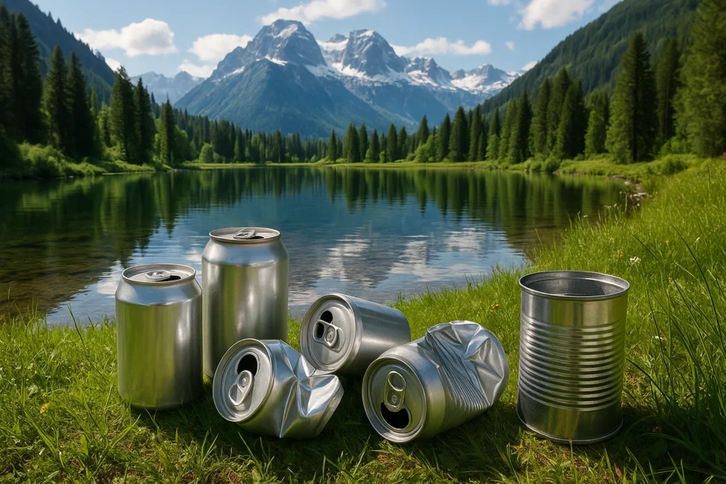 Latas de aluminio reciclado en un entorno natural que muestran los beneficios ambientales del reciclaje del aluminio.