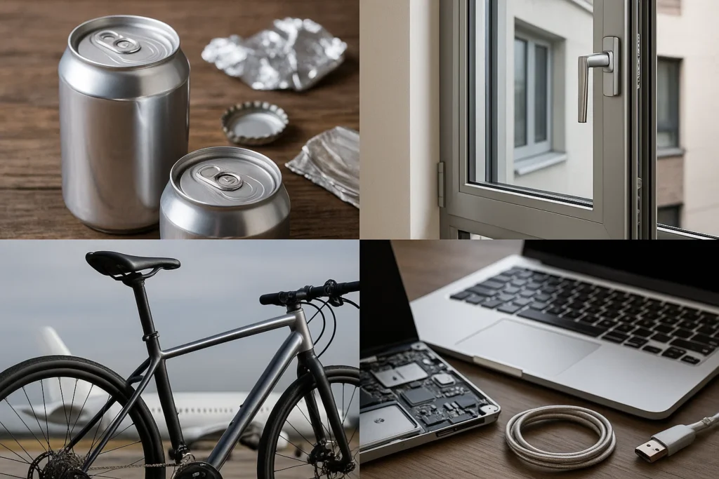 Objetos de aluminio en la vida diaria como latas, ventanas, bicicletas y dispositivos electrónicos reciclados.