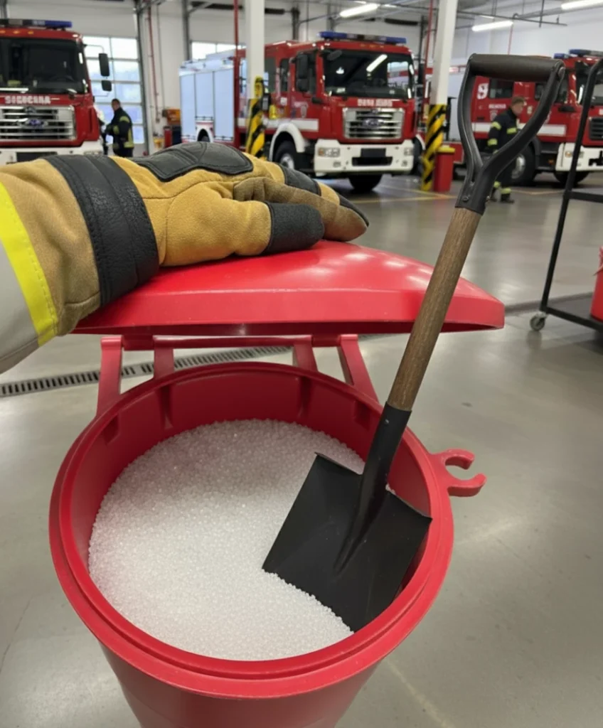 Contenedor de arena contra incendios con pala en estación de bomberos, equipo esencial de protección civil para emergencias.