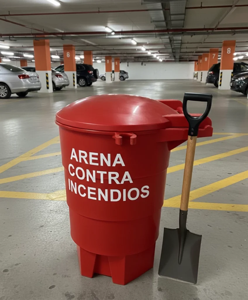 Contenedor de arena para incendios ubicado en estacionamiento subterráneo, listo para sofocar emergencias de manera rápida.