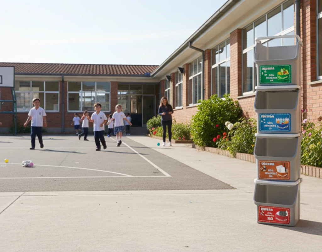 Canastillas de plástico para reciclar en la escuela con separación de residuos