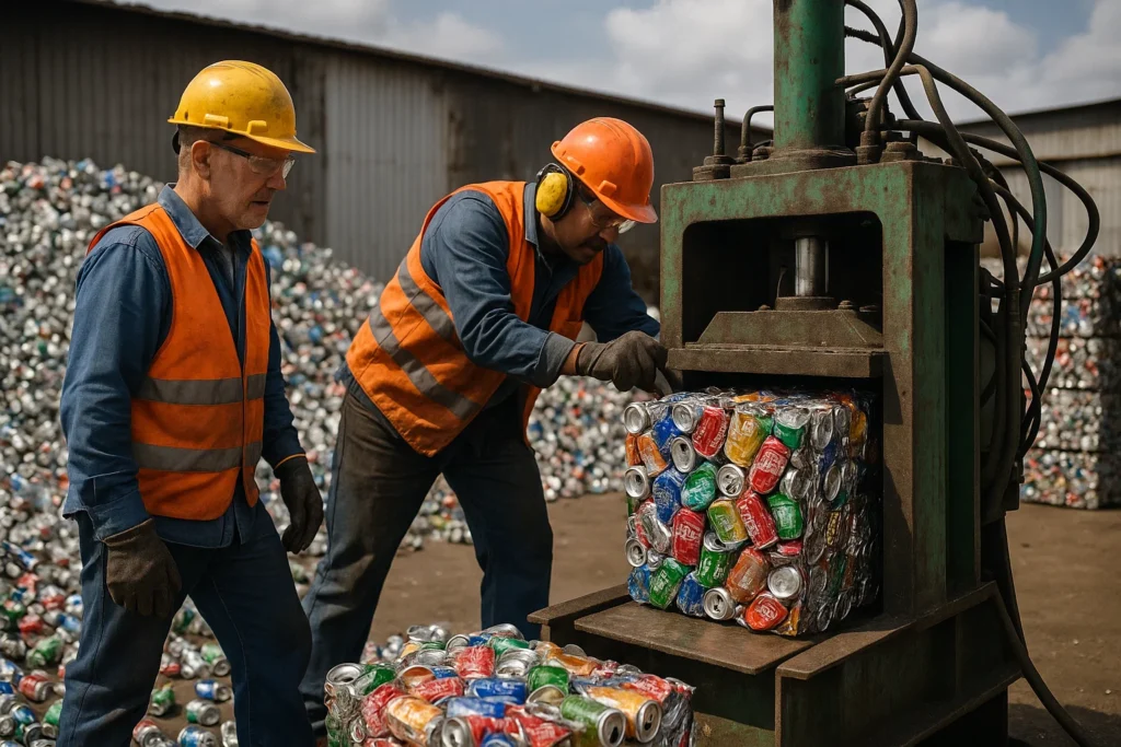 Trabajadores en un centro de compactación de latas durante el proceso de reciclaje del aluminio.