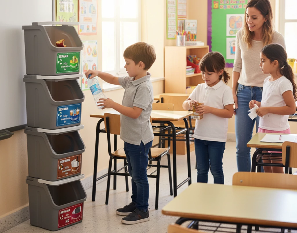 Niños en clase aprendiendo reciclaje para niños con apoyo de su maestra