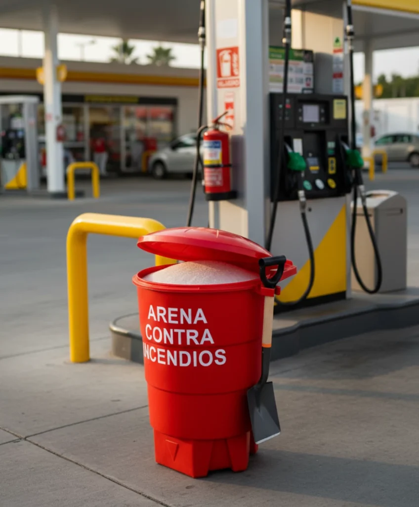 Contenedor de arena contra incendios en gasolinera, medida preventiva obligatoria para controlar derrames y líquidos inflamables.