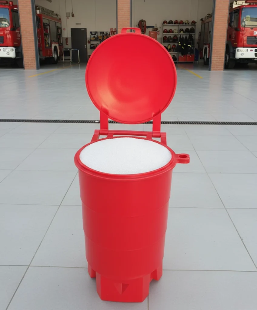 Contenedor de arena contra incendios abierto en estación de bomberos, con arena seca lista para usarse en emergencias.