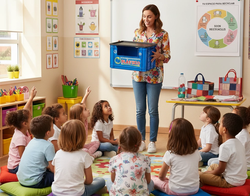 Explicación del modelo de economía circular para enseñar reciclaje a niños