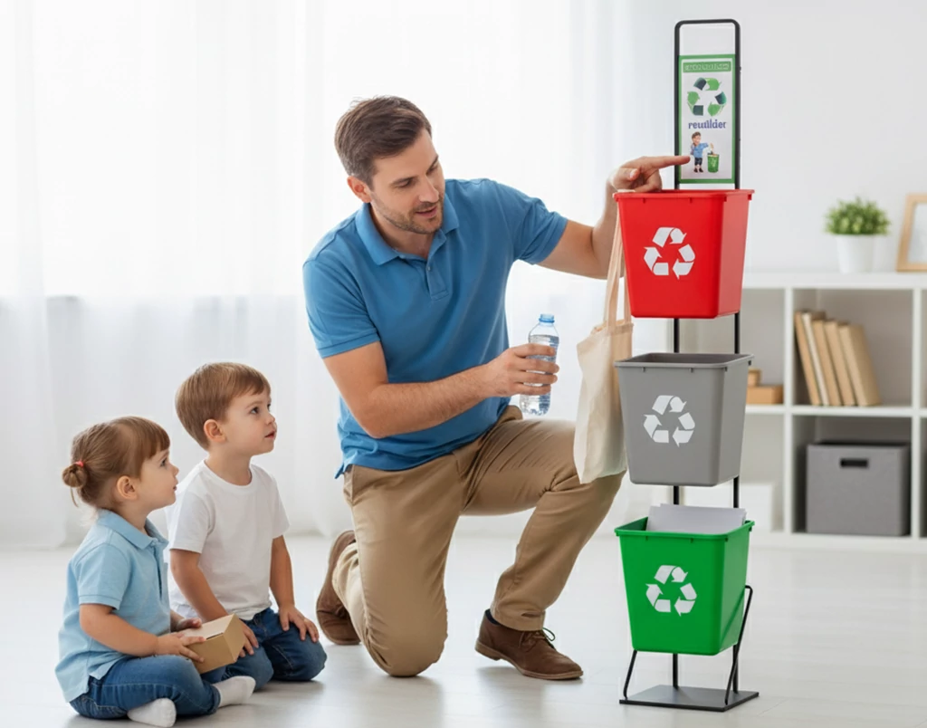 Padre de familia enseñando reciclaje a sus hijos con ejemplos prácticos