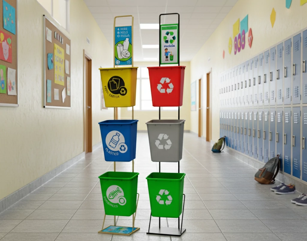 Estación de reciclaje para niños con canastillas de diferentes colores