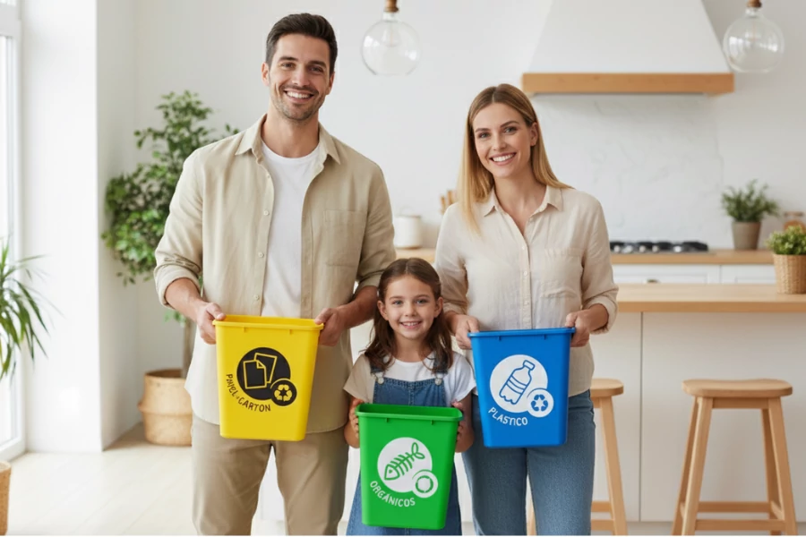 Familia enseñando a reciclar en casa con botes de reciclaje para orgánicos, papel y plástico