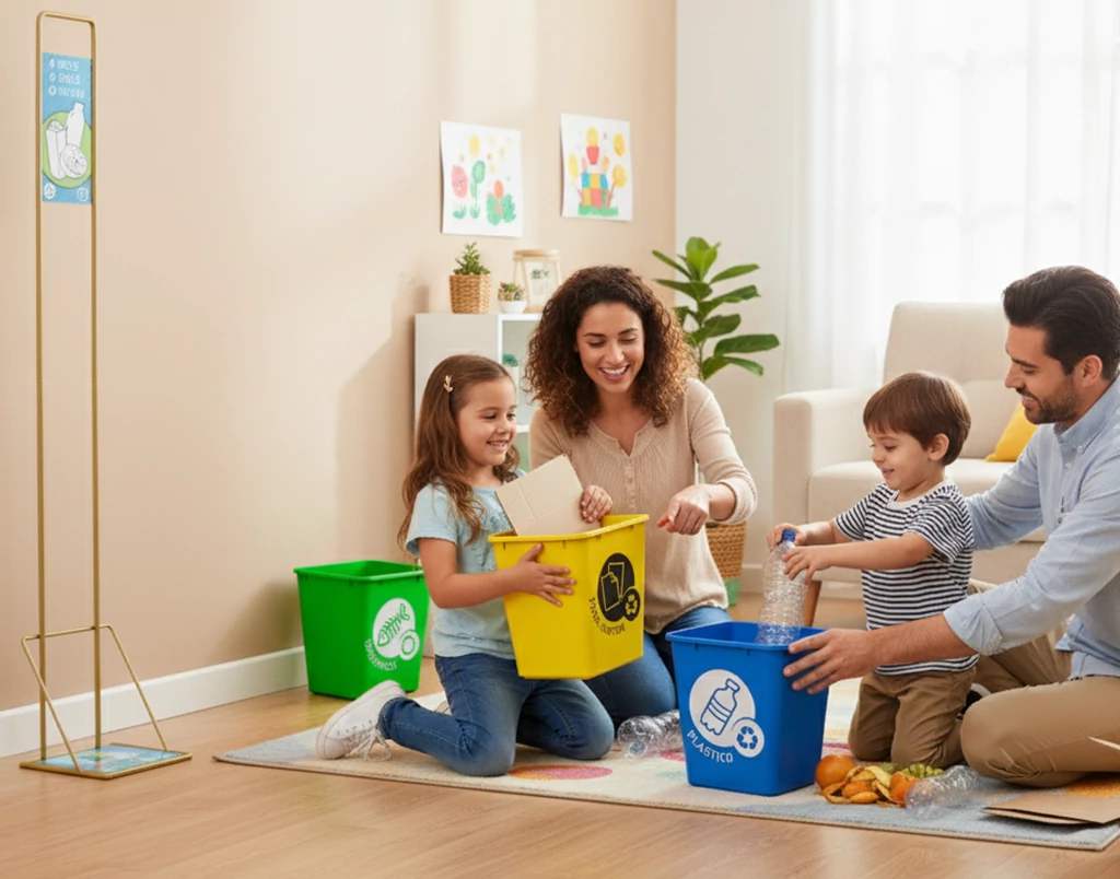 Familia enseñando reciclaje para niños en casa con canastillas de plástico