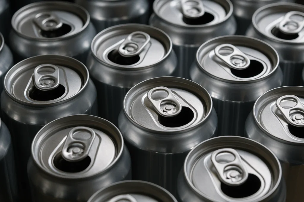 Latas de aluminio listas para el proceso de reciclaje y reutilización en nuevos productos.