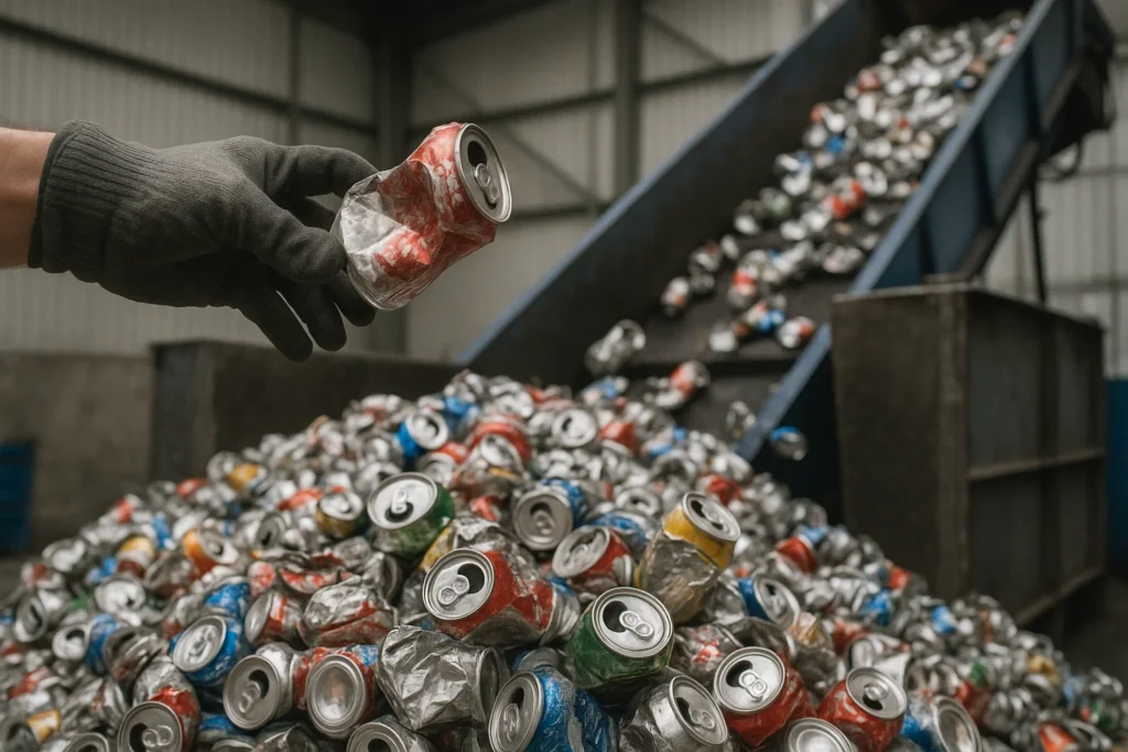 Latas de aluminio compactadas en planta de reciclaje listas para fundición y transformación.