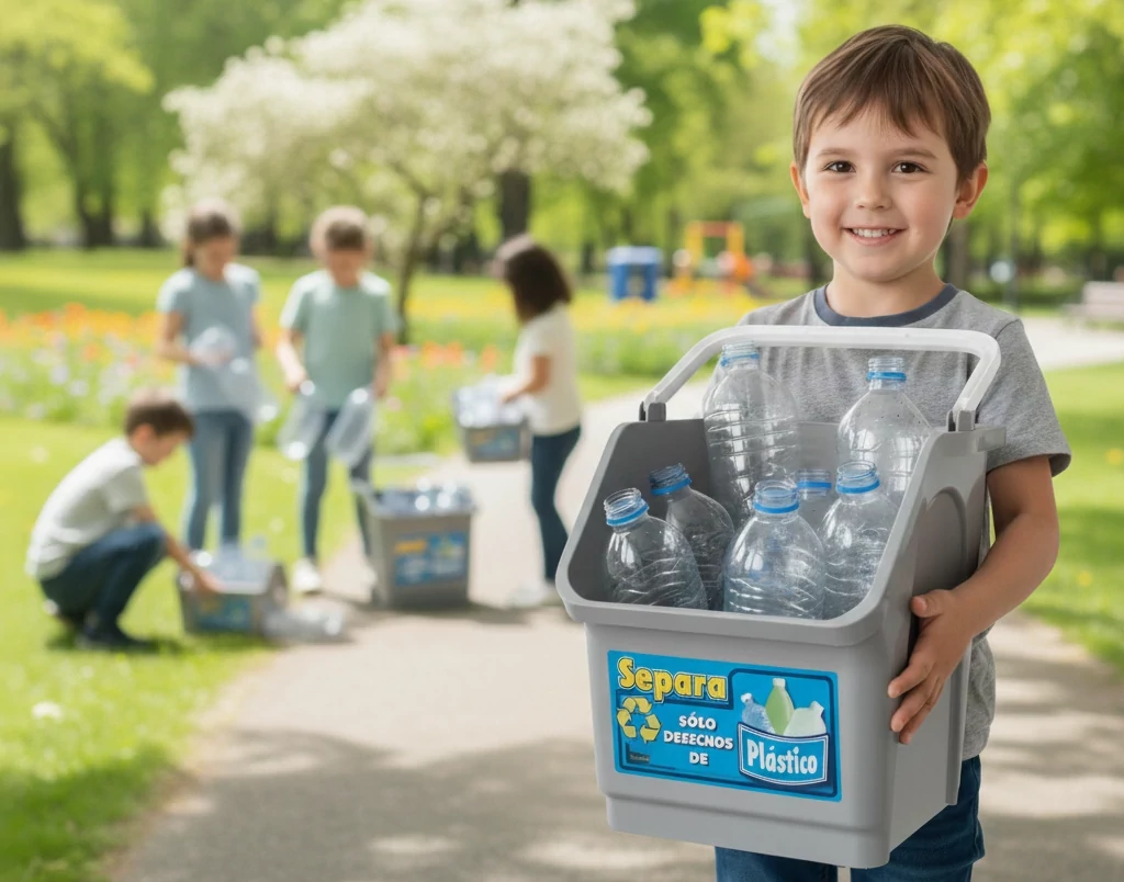 Niños participando en reciclaje con canastillas para separar plásticos