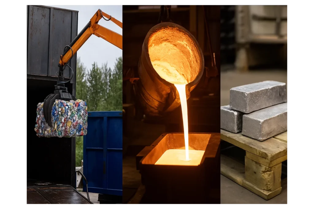 Etapas del proceso de reciclaje del aluminio: compactación, fundición y obtención de lingotes reciclados.