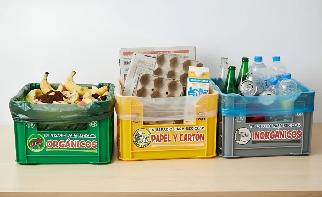 Contenedores con clasificación para orgánicos, papel e inorgánicos