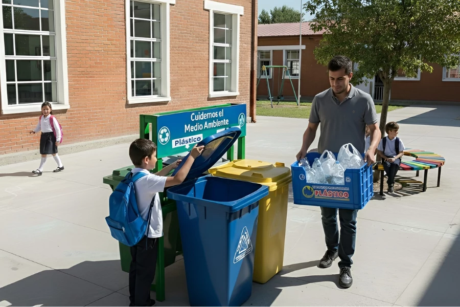 Sistema de reciclaje con contenedores escolares y cajas apilables