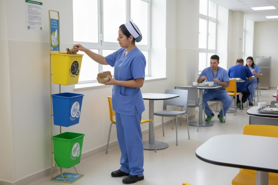 Estación de separación de residuos en hospital, con contenedores de colores para mejorar el reciclaje.