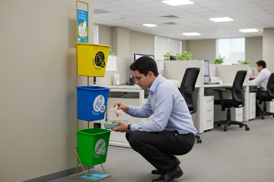 Empleado usando torre de separación de residuos en oficina para clasificar papel, plástico y orgánicos.