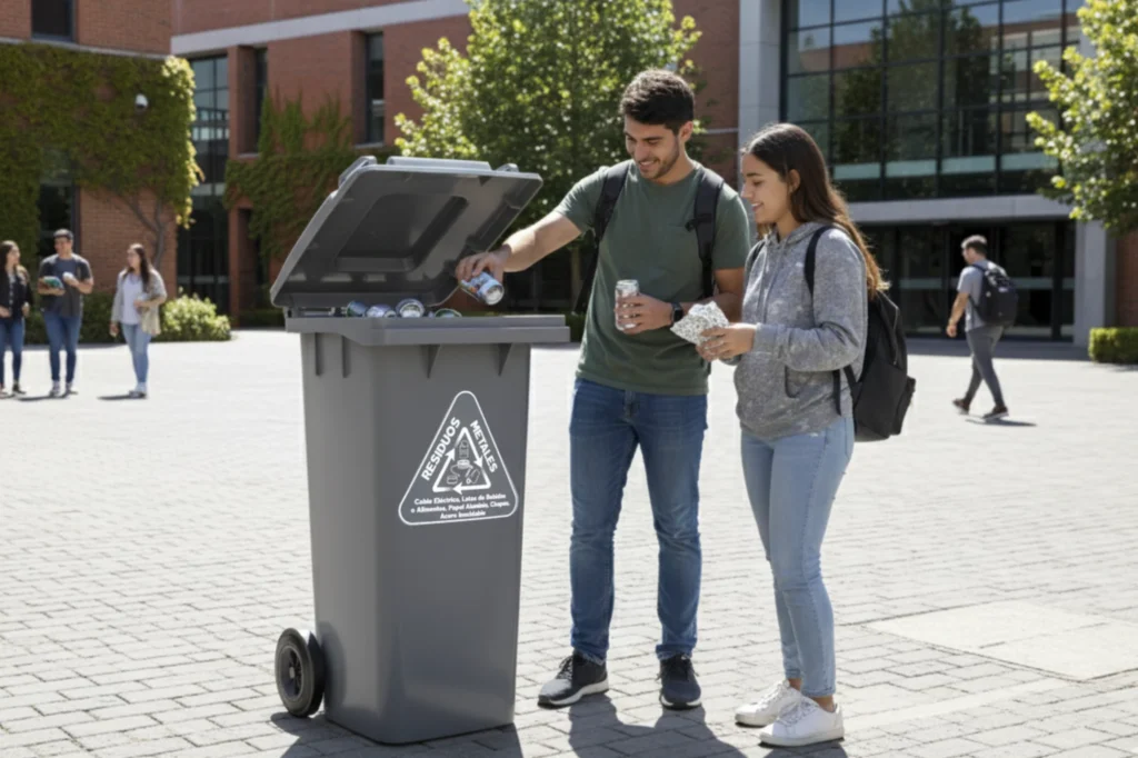 Personas depositando envases en contenedor gris de metal reciclado en zona universitaria.