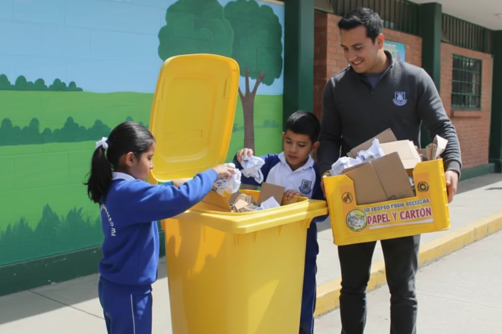 Niños y adultos participando en el reciclaje de papel y cartón, ejemplo educativo de recolección y separación de residuos reciclables para su reutilización en nuevas fibras de papel.