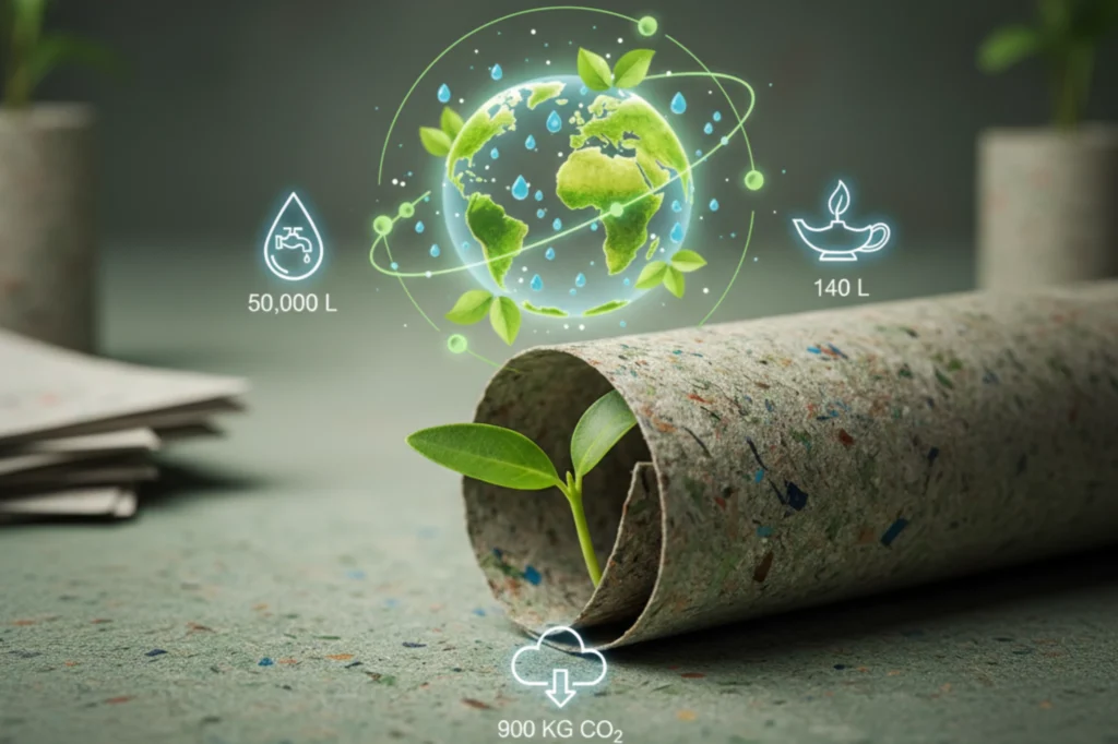 Representación visual de los beneficios del reciclaje de papel, mostrando ahorro de agua, reducción de CO₂ y energía en el proceso de reciclado de papel a nivel global.