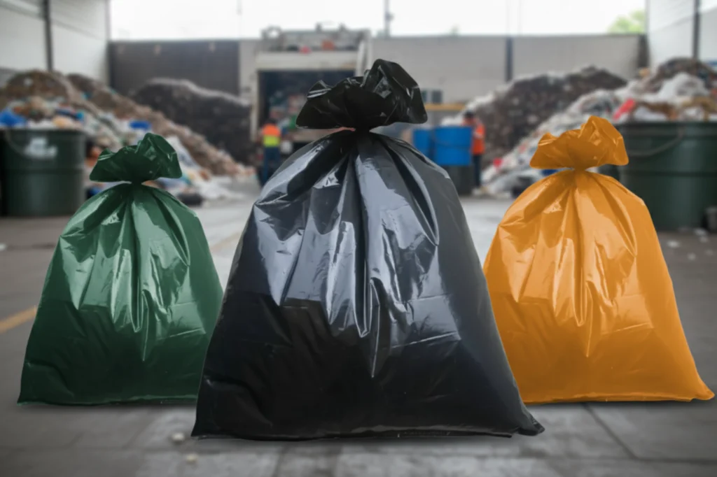 Tres bolsas para basura de diferentes colores negra, verde y amarilla utilizadas para clasificar residuos domésticos e industriales.