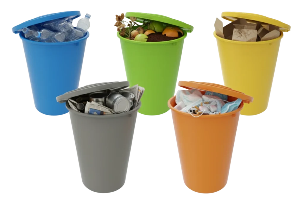 Cinco botes de basura con diferentes materiales separados: plástico, orgánico, papel, metal y desechos sanitarios.
