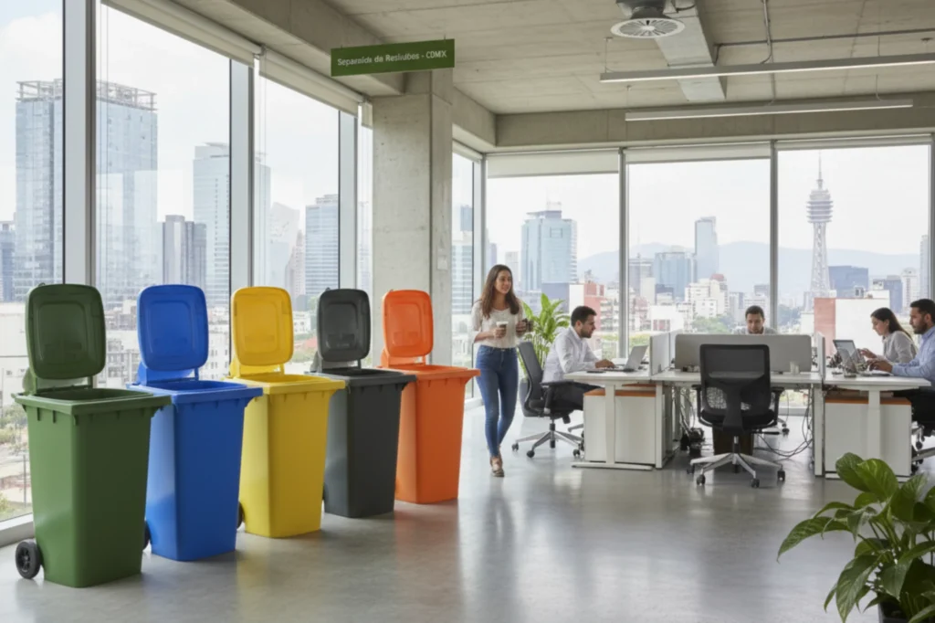 Reciclaje en oficinas con contenedores de colores para separar residuos en espacios corporativos