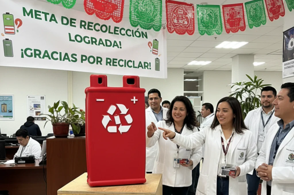 Campaña ambiental en institución donde empleados depositan baterías usadas para su reciclaje responsable.