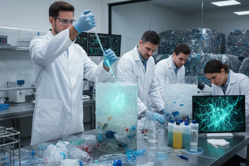 Equipo de científicos analizando materiales biodegradables para reducir el uso de plásticos y crear alternativas sostenibles.