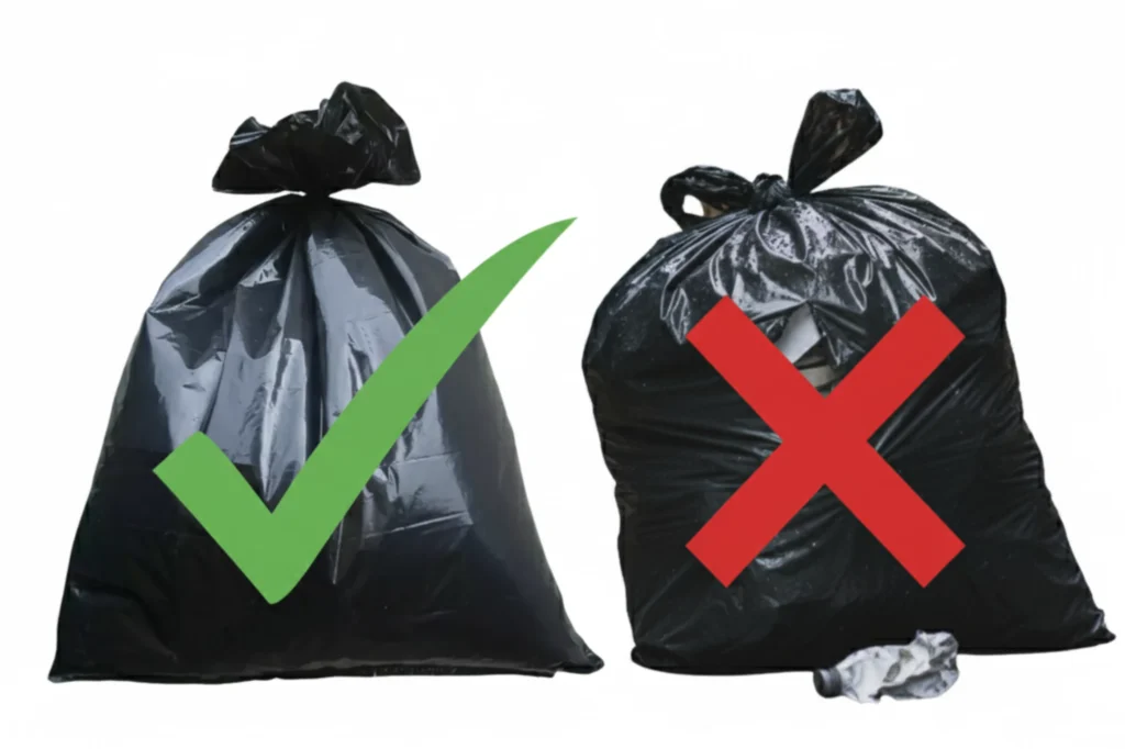 Comparativa visual entre una bolsa negra para basura en buen estado y otra dañada, destacando la importancia de elegir bolsas resistentes.
