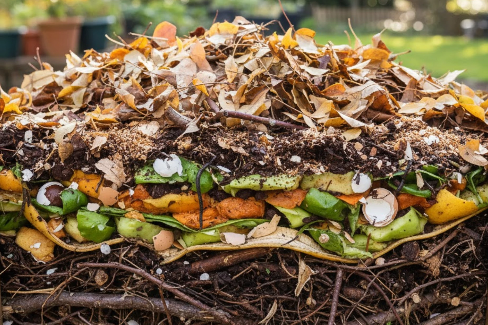 Capas de composta con hojas secas, restos de frutas y cáscaras que muestran el proceso natural de descomposición.