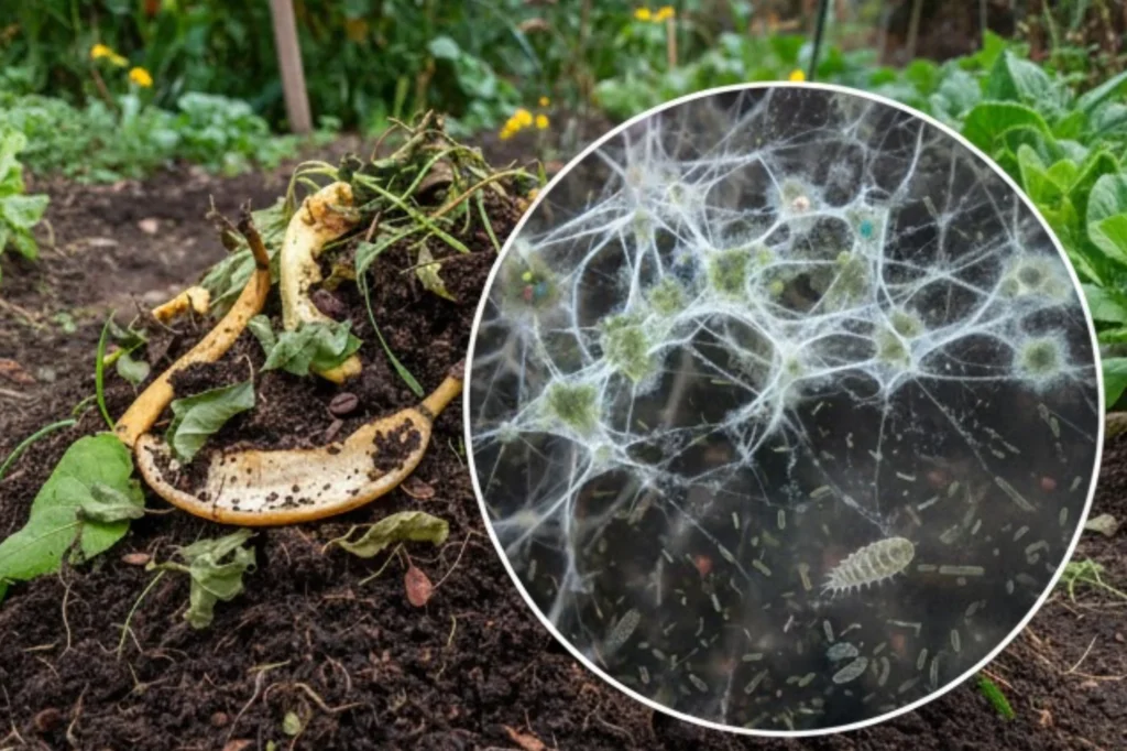 Microorganismos y materia orgánica en proceso de composta que transforman los residuos en tierra fértil.