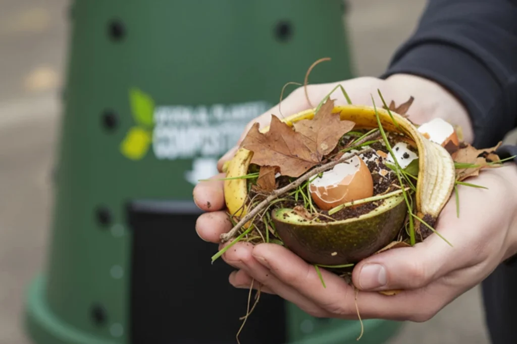 Residuos orgánicos en proceso de compostaje, ejemplo práctico de los beneficios del reciclaje para reducir desechos y crear abono natural.