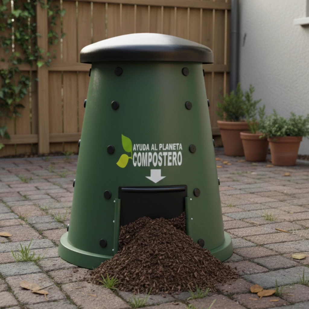 Contenedor compostero verde para compostaje doméstico, ideal para transformar desechos orgánicos en abono natural.