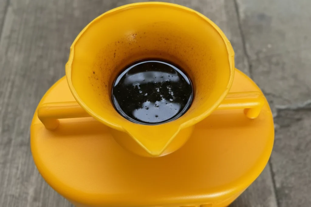 Manejo responsable de aceite automotriz usado mediante recipiente especializado que previene contaminación del suelo y agua.