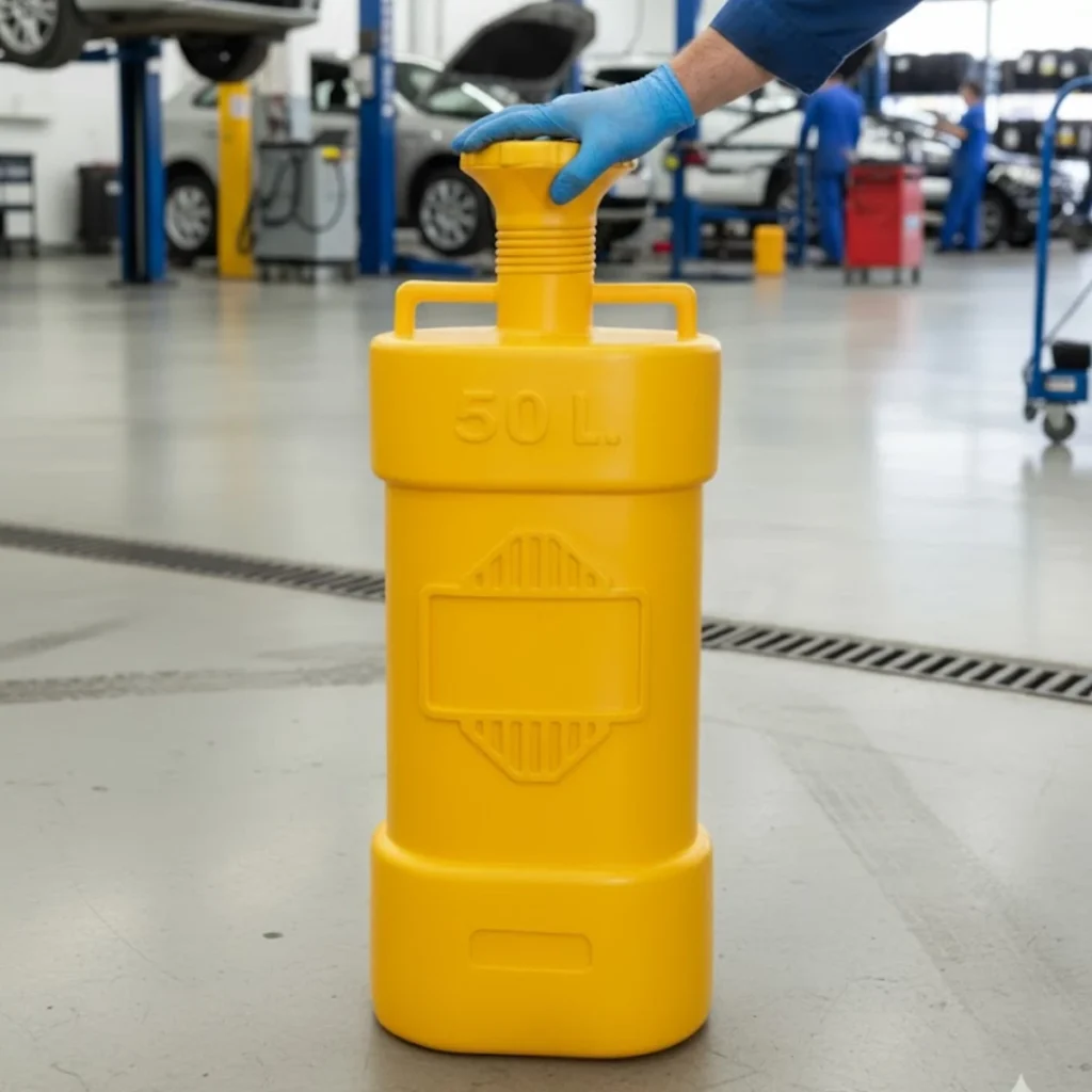Recolección de aceite usado automotriz con contenedor amarillo de 50 litros en taller mecánico, diseñado para evitar derrames.