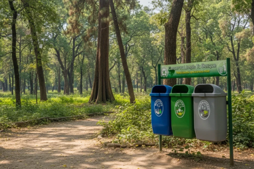 Contenedores ecológicos en un bosque de México que promueven el reciclaje y la conservación del entorno natural.