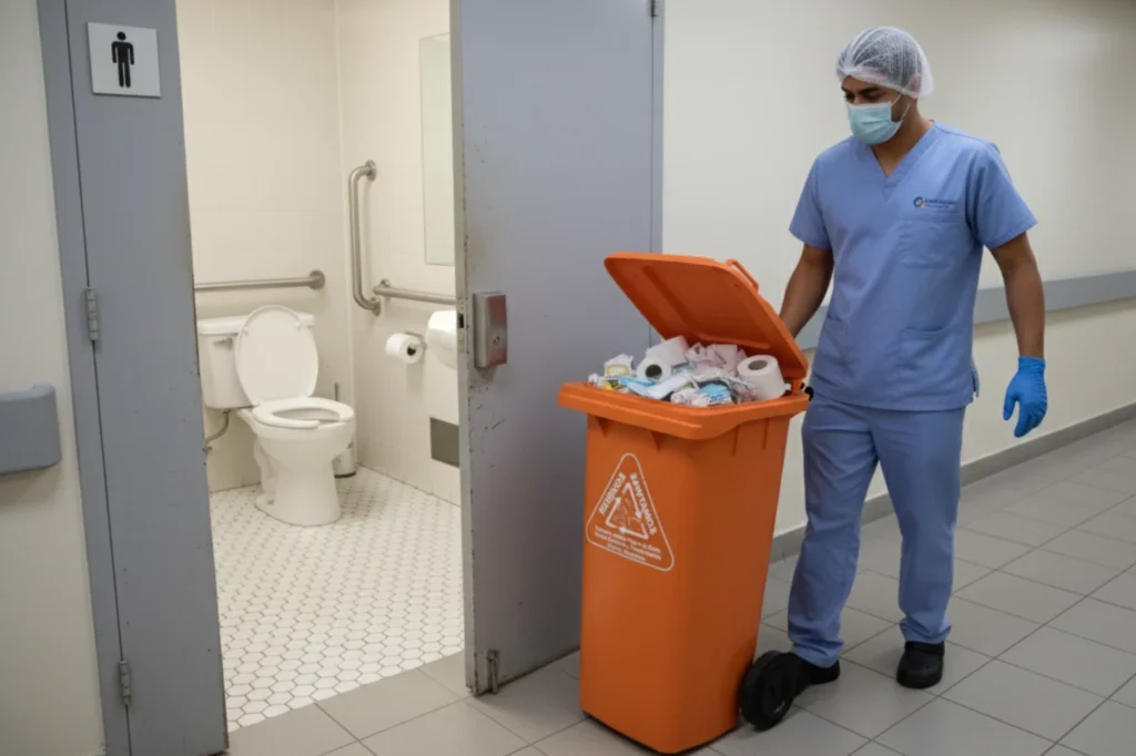 Bote con ruedas para reciclaje color naranja en hospital, destinado a residuos sanitarios conforme a la norma NADF-024-AMBT-2013.