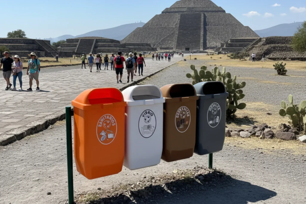 Contenedores en zonas turísticas frente a las pirámides, diseñados para separar residuos y fomentar el reciclaje responsable.