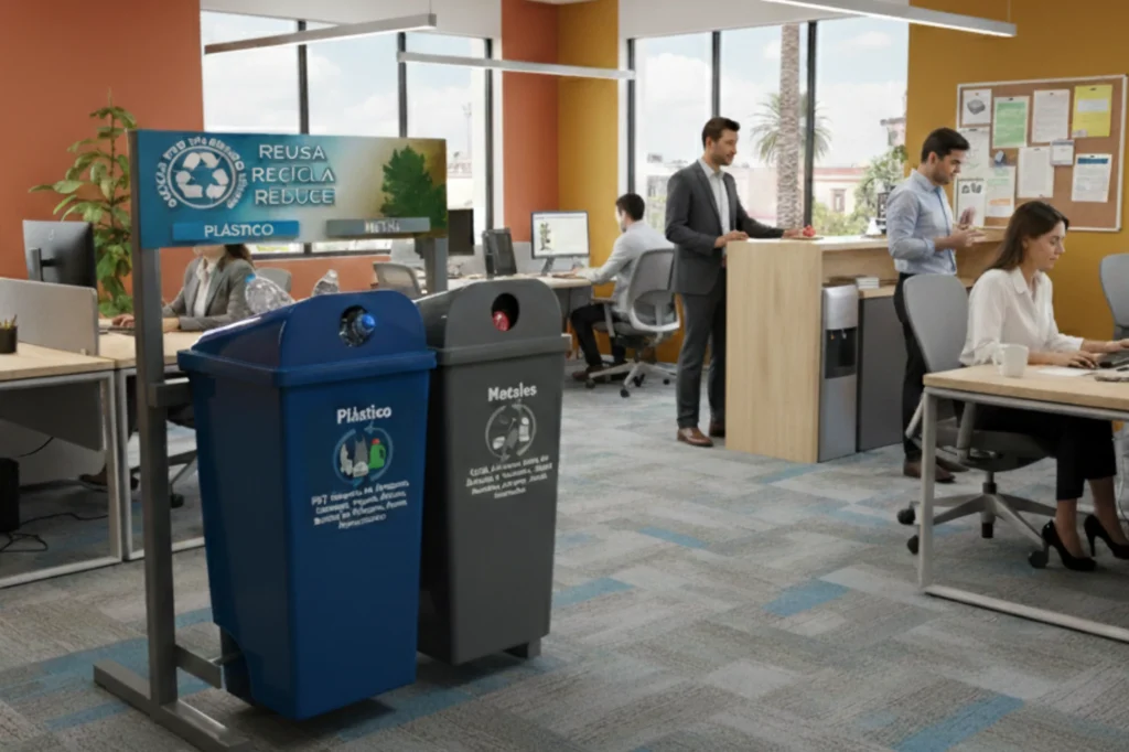 Contenedores de reciclaje modernos en una oficina, con señalización clara Reúsa, Recicla, Reduce.
