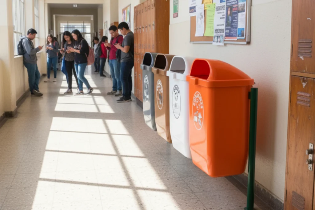 Papeleras de reciclaje dispuestas en un pasillo escolar con estudiantes interactuando en segundo plano.